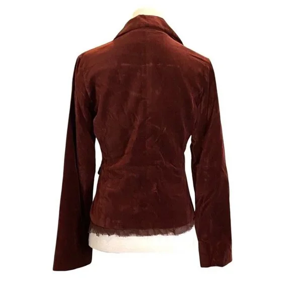 Anthropologie Odille Notched Collar Ruffle Trim Rust Velvet Blazer Size 4 - Picture 3 of 5